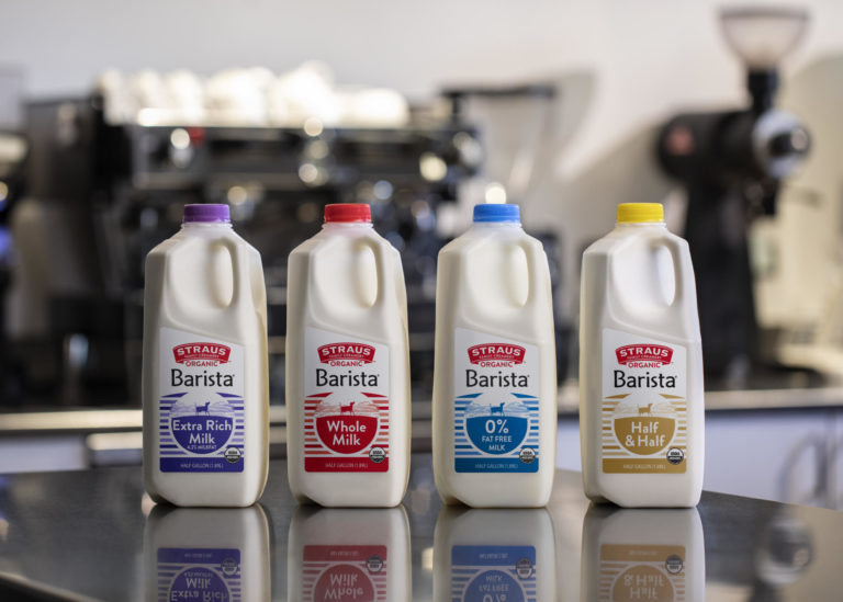 straus barista milk options on a cafe counter