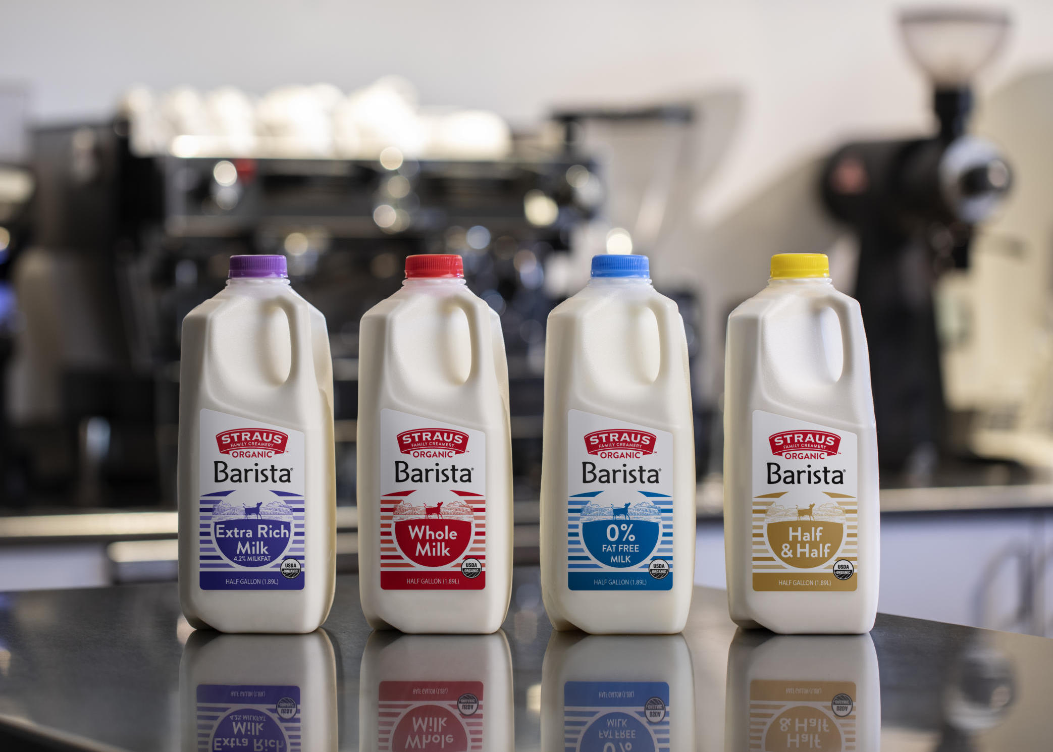 straus barista milk options on a cafe counter