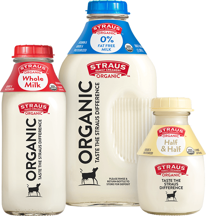 straus organic whole milk, skin milk, and half & half