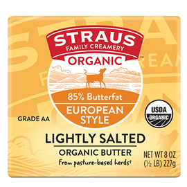8 oz package of straus family creamery lightly salted organic butter with 85% butterfat