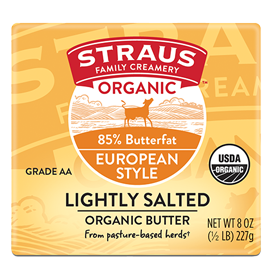 8 oz package of straus family creamery lightly salted organic butter with 85% butterfat