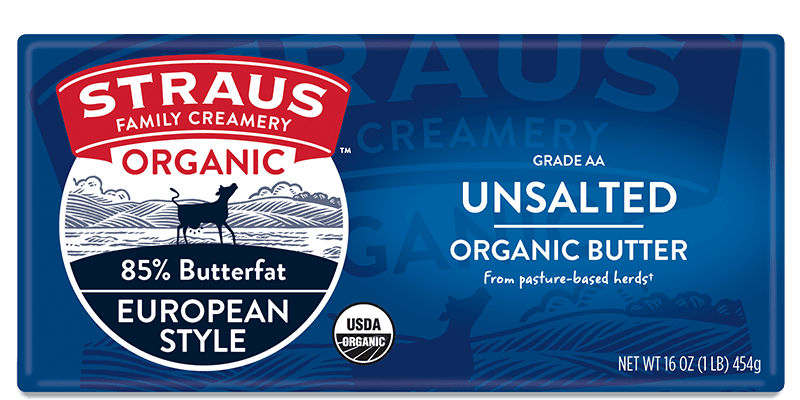 16 oz grade AA unsalted 85% butterfat eauropean style organic butter by straus family creamery