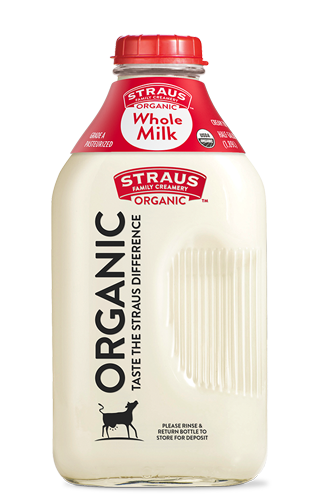 64 oz of straus organic whole milk in glass bottle