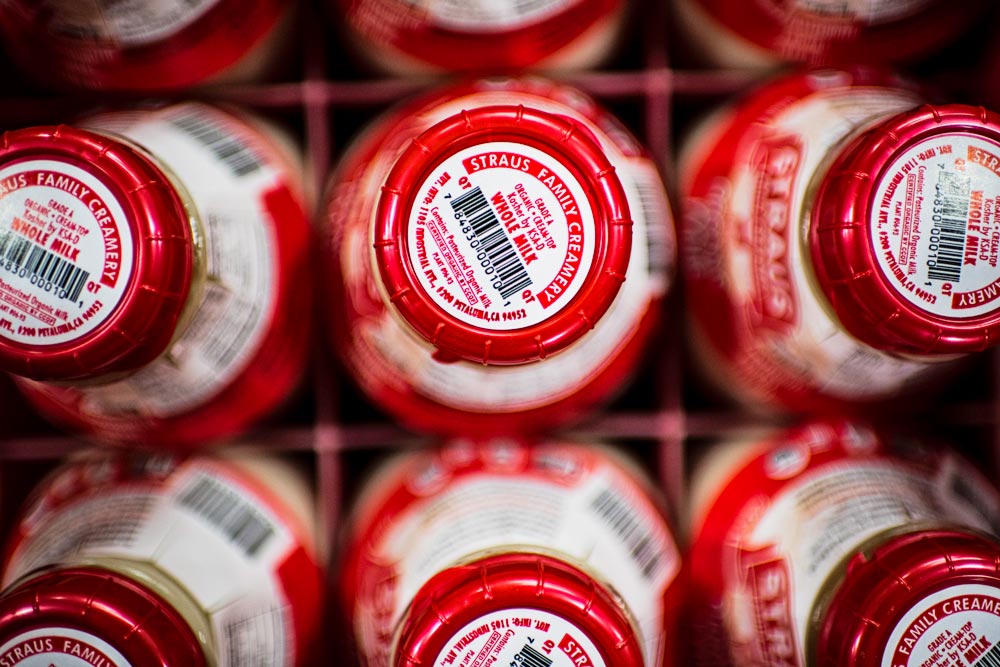 straus family creamery caps on glass bottles