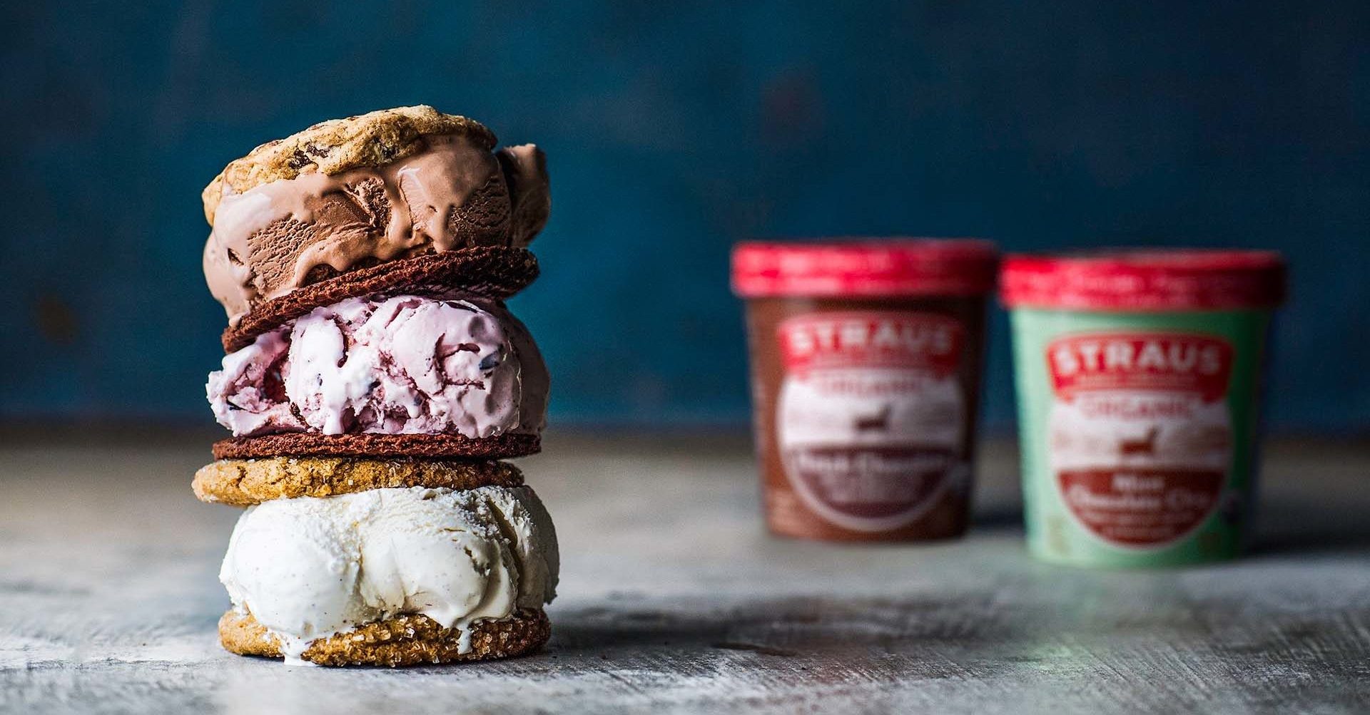 stack of ice cream sandwiches made with straus ice cream