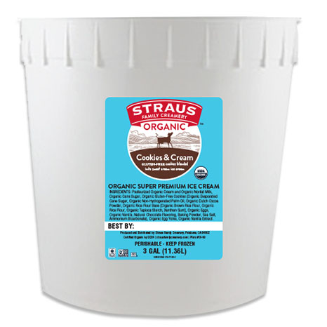 3 gallon carton of straus gluten free cookies and cream ice cream