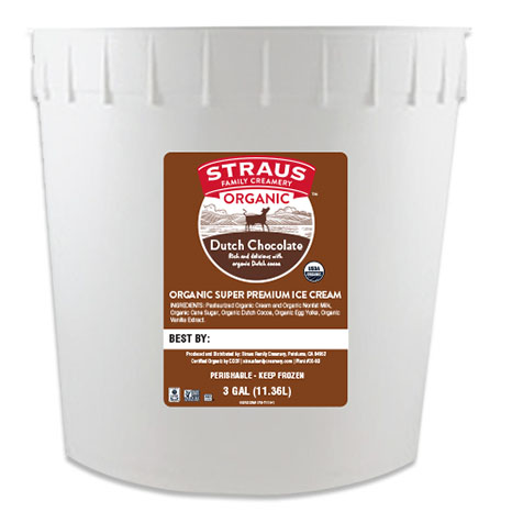 3 gallon tub of straus organic dutch chocolate super premium ice cream