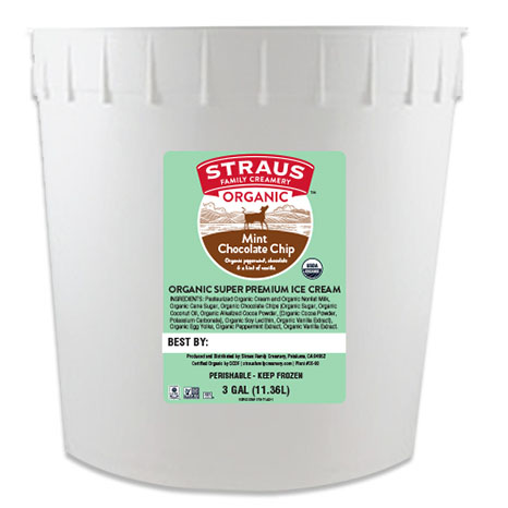 3 gallon tub of straus organic mint chocolate chip premium ice cream