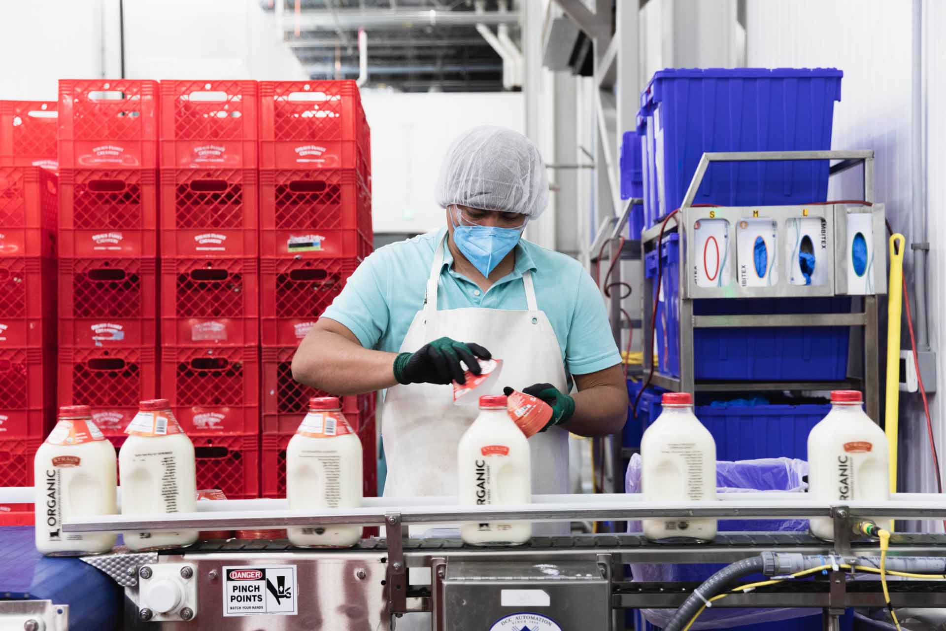 worker at creamery bottling organic milk