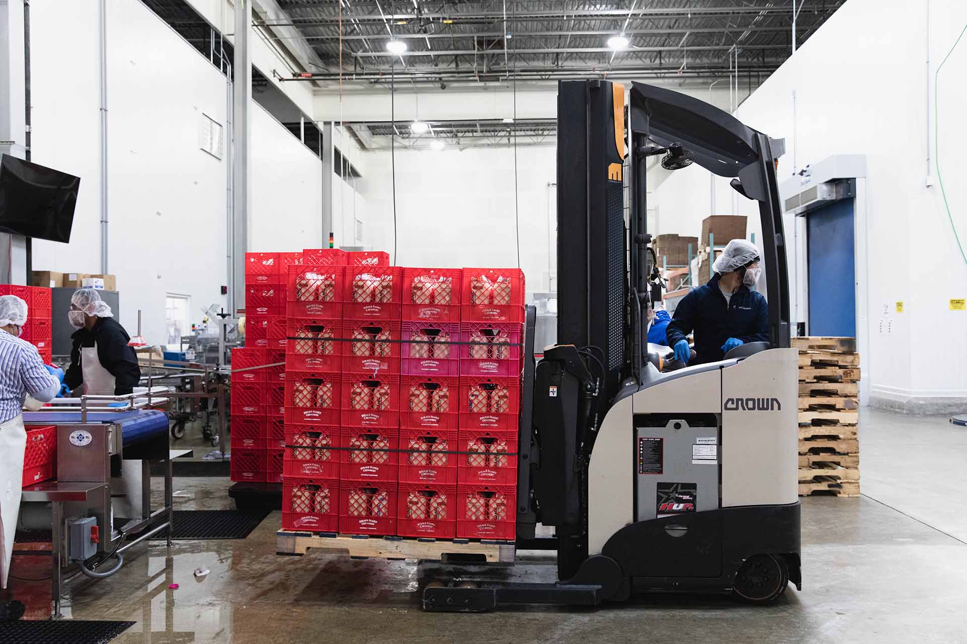 forklift transporting palette of red milk crates