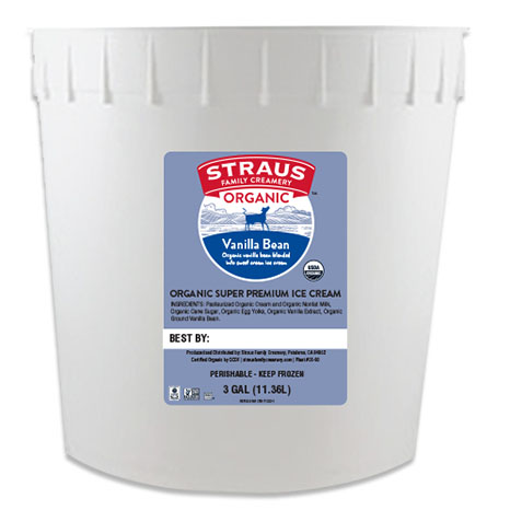 3 gallon carton of straus vanilla bean organic super premium ice cream