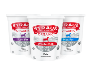 straus organic european style yogurt in whole milk, non fat, and low fat