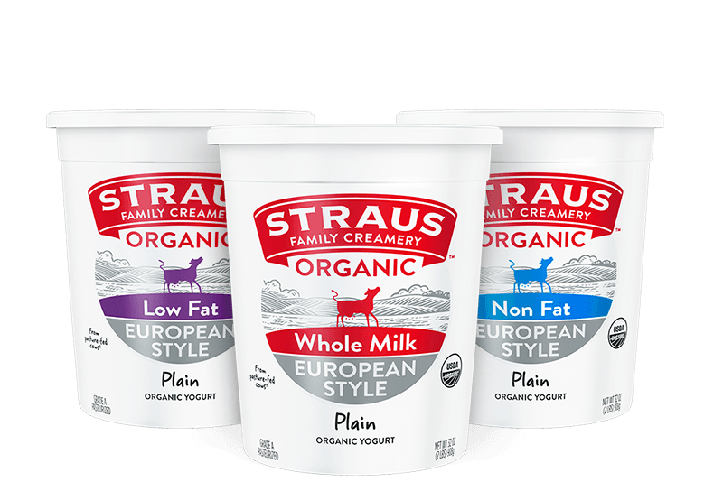 straus organic european style yogurt in whole milk, non fat, and low fat