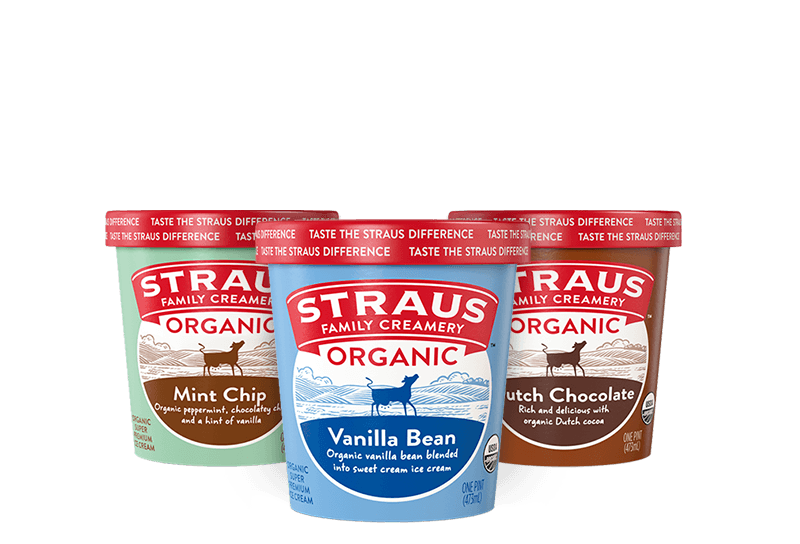 vanilla bean, mint chip, and dutch chocolate organic ice cream from straus family creamery
