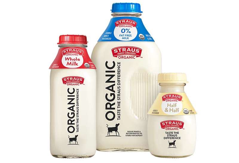 group of 3 straus organic milk glass bottles