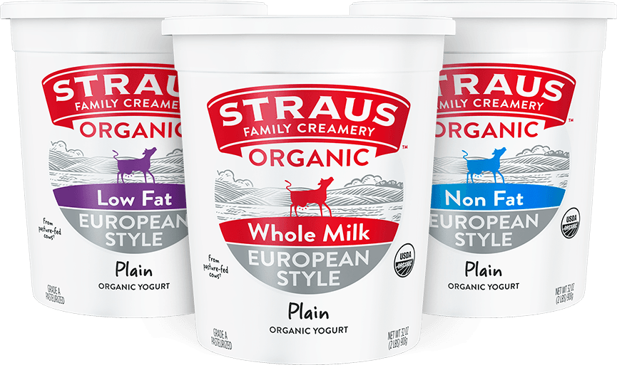 straus european style cartons of whole milk, low fat, and non-fat plain yogurt options