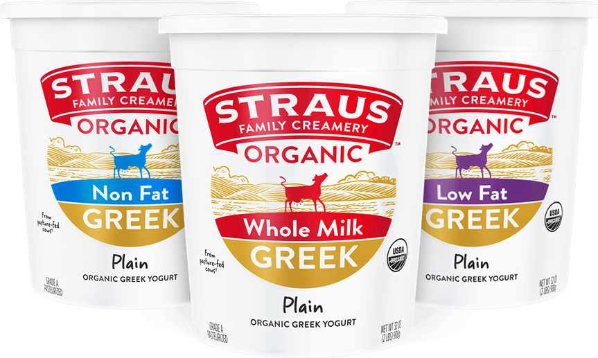 trio of straus organic whole milk, low fat, and non fat greek yogurt
