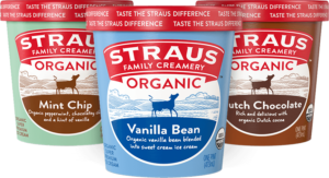 trio of straus premium ice cream flavors; vanilla bean, mint chip, and dutch chocolate