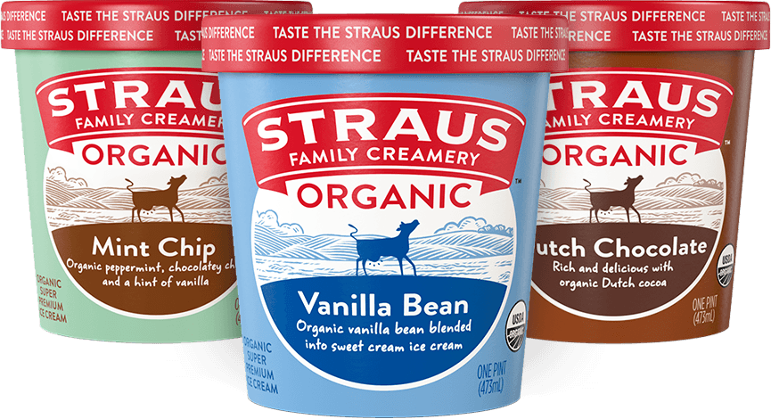 trio of straus premium ice cream flavors; vanilla bean, mint chip, and dutch chocolate