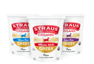 variety of straus organic whole milk, low fat, and non fat greek yogurt