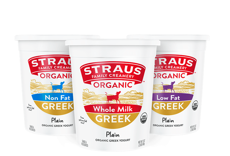 variety of straus organic whole milk, low fat, and non fat greek yogurt