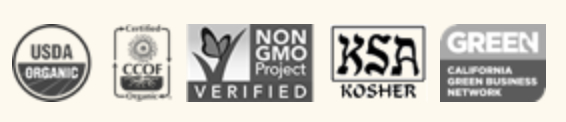 logos for USDA organic, CCOF, non GMO project verified, KSA kosher, california green business network