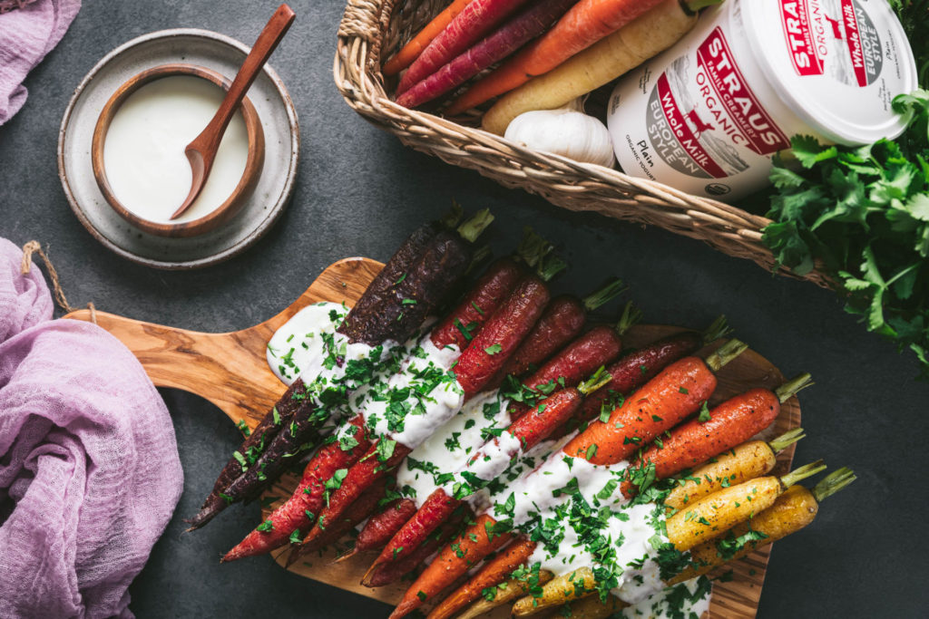 Roasted Rainbow Carrots with European Style Yogurt Straus Family Creamery