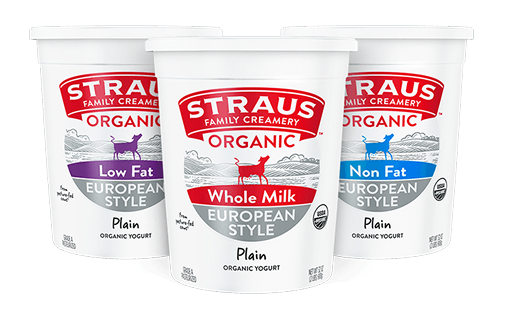 straus organic european style yogurt in whole milk, non fat, and low fat