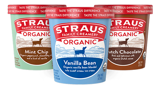 vanilla bean, mint chip, and dutch chocolate organic ice cream from straus family creamery