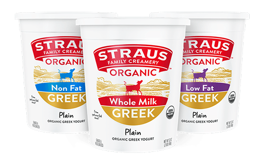 variety of straus organic whole milk, low fat, and non fat greek yogurt