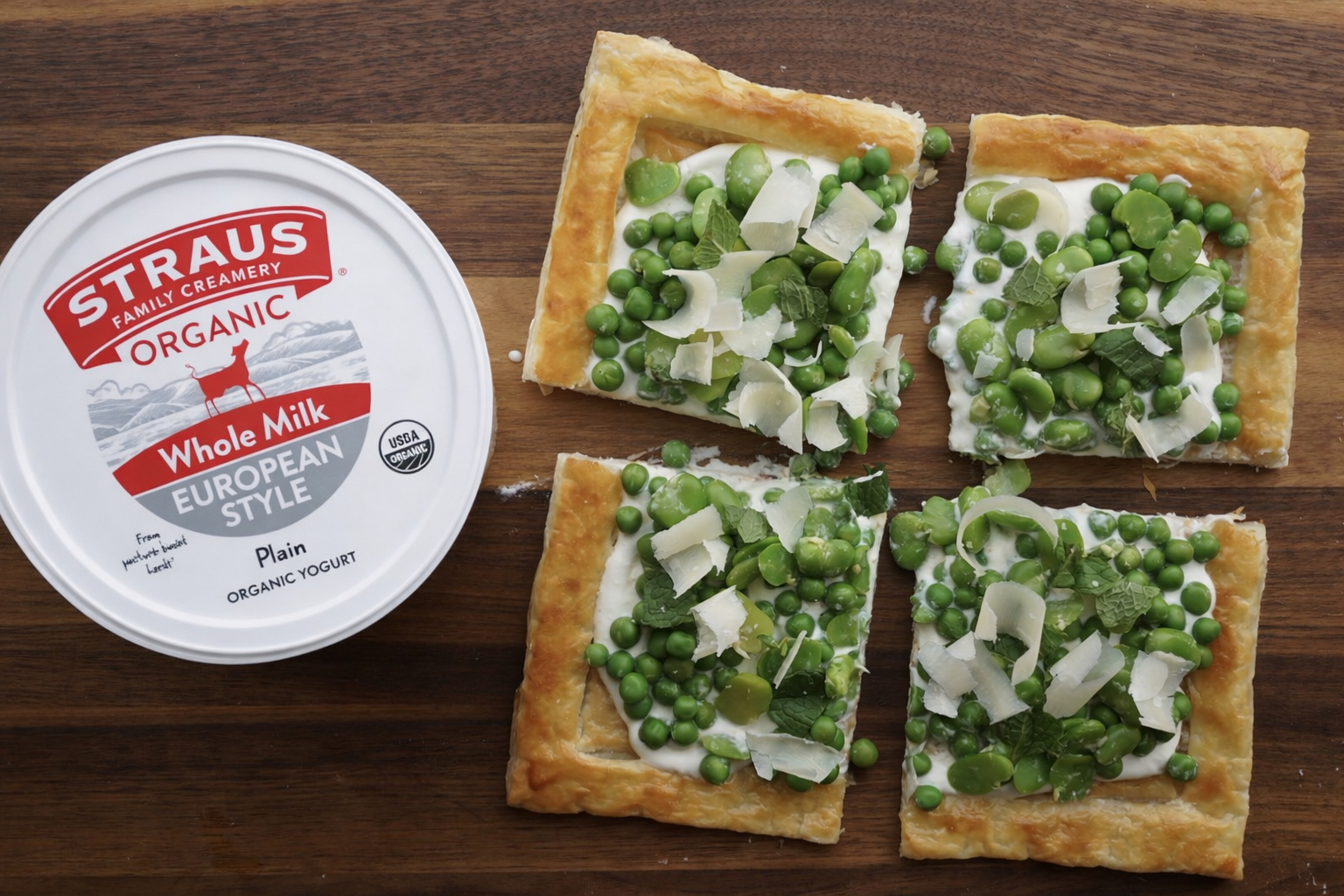 Spring pea tart with Straus Organic Whole Milk European Style Plain Yogurt